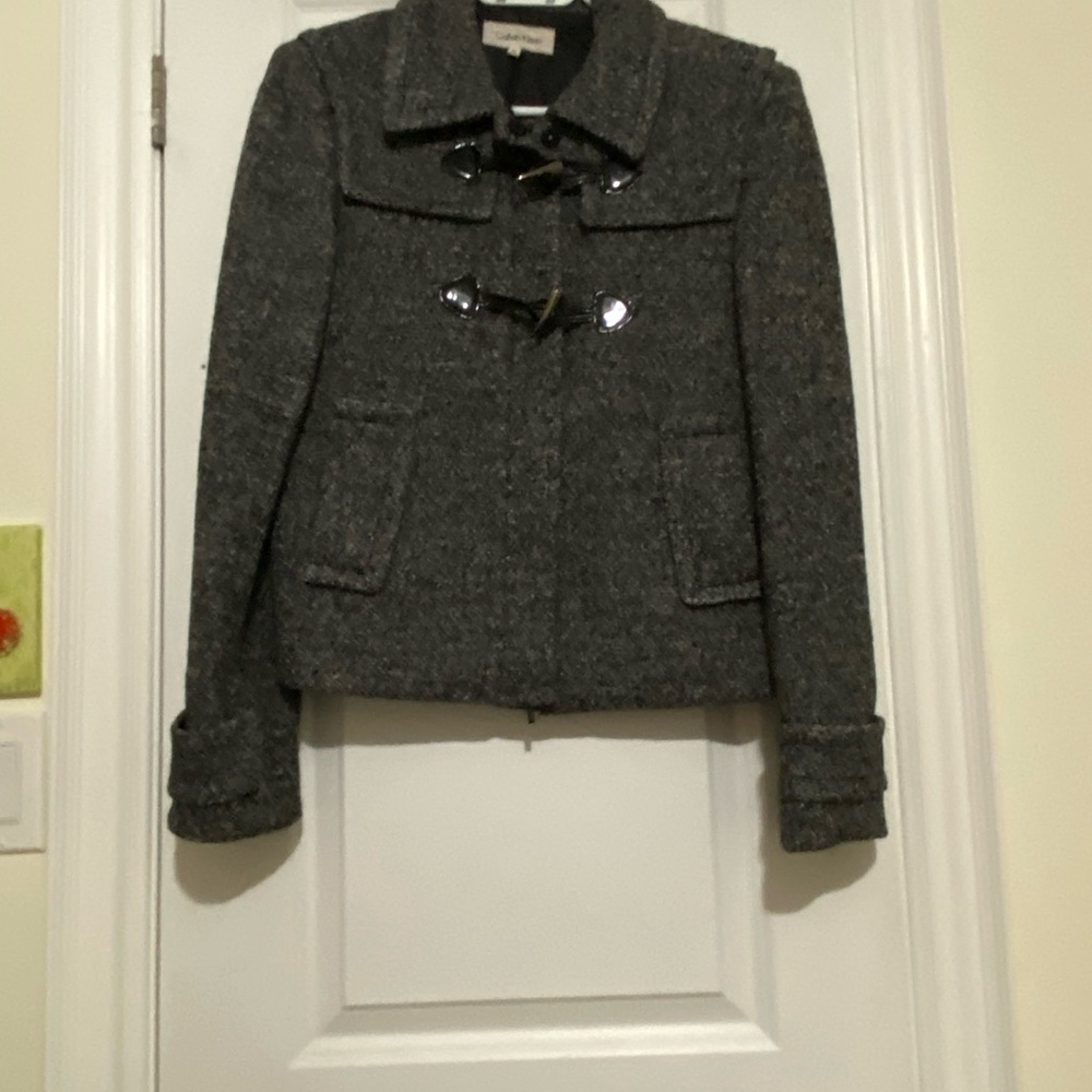 Calvin Klein Charcoal Tweed Pea Coat in wool blend